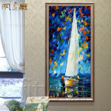 凤之舞手绘风景油画厚油抽象画MC35一帆风顺玄关竖版装饰壁画帆船
