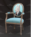美式乡村橡木复古圆背餐椅布艺印花动物扶手椅法式做旧实木书桌椅
