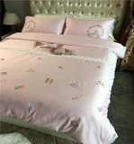小清醒四件套粉色床上用品60支纯棉1.8床被套刺绣蕾丝公主风4件套