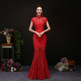 新娘结婚旗袍新款2015年长款红色修身礼服短袖蕾丝鱼尾敬酒服