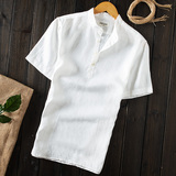 夏纯亚麻衬衫男短袖圆领白衬衣纯色立领棉麻料套头寸衫潮青涩白