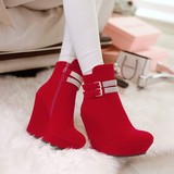 2016新款女靴子伊 红色红靴子结婚鞋新娘鞋拉链超高跟坡跟短靴子