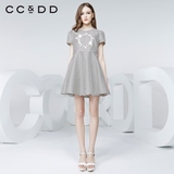 【有S码】CCDD2016夏装新款专柜正品女 圆领连衣裙 黑白条纹长裙