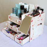 多功能桌面化妆品收纳盒带抽屉置物架带镜子木质纸巾盒整理箱大号