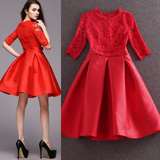 红色连衣裙蕾丝中长款 夏季结婚新娘敬酒服礼服 蓬蓬裙显瘦红裙子