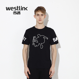 Westlink/西遇2016夏季新款 字母印花圆领套头短袖短款纯棉男T恤