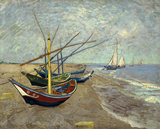 沙滩上的渔船 梵高风景画 客厅印象派海边 仿真油画 装饰画芯018