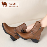 Camel骆驼2014冬季休闲女鞋方跟新款中跟短靴侧拉链圆头中筒靴子