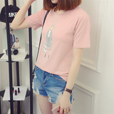 夏季新款韩版学院风卡通印花小女孩短袖t恤女粉色系体恤宽松上衣