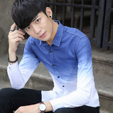 韩版青年男士修身型薄款衬衣青少年印花长袖帅气衬衫学生男款潮流