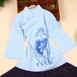 中国风唐装女士夏装纯色手绘中式茶艺师服装棉麻改良中袖旗袍上衣