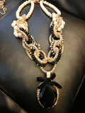 包邮欧美款时尚夸张大宝石黑色蝴蝶结人造珍珠项链锁骨颈链短链
