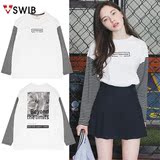 韩国正品SWIB代购直邮 16春季男女款长袖条纹拼色卫衣 圆领套头衫