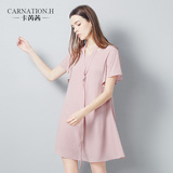 卡芮茜 2016夏装新款喇叭袖 粉色优雅宽松系带V领连衣裙短袖雪纺