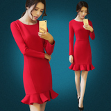 2016春装新款女装 韩版气质修身显瘦中裙红色长袖鱼尾连衣裙女