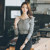 衬衣2016夏季女装韩版修身显瘦性感一字领露肩长袖上衣小格子衬衫