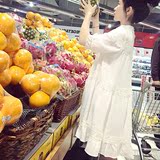 韩国代购女装2016夏新款白色勾花镂空刺绣宽松中长款蕾丝连衣裙女