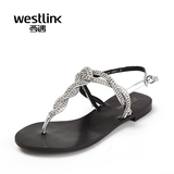 Westlink西遇凉鞋2016夏季新款亮钻低跟平底夹趾女凉鞋休闲沙滩鞋