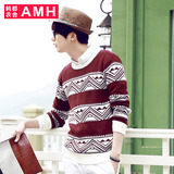 AMH男装韩版2015冬装新款青年修身圆领图案提花男士长袖毛衣潮輣