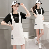 2016春夏韩版黑色个性字母T恤+白色背带裙连衣裙 学院风两件套女