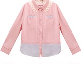 2015甜美修身纯色新款女装 蕾丝拼接雪纺学院风秋季长袖衬衫