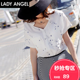 Ladyangel2016新款V领碎花宽松衬衣连肩短袖白色衬衫女61150935