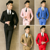 男士西装三件套粉色修身 新郎伴郎粉红色韩版3件套西服套装上班服