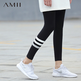 Amii极简艾米女装2016秋装新款运动条纹印花软弹修身大码打底裤女