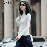 Amii极简女装2016秋季新款高领条纹修身长袖打底衫针织毛衣女短款