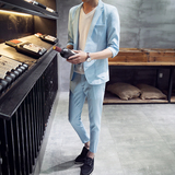 韩版夏季男装亚麻半袖小西服套装修身潮夏装一套棉麻外套薄九分裤