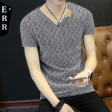 夏装V领短袖T恤男韩版修身半袖纯色冰丝网眼青少年学生潮流上衣服