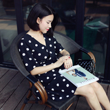 IS DALU原创定制2015韩国新款V领短袖中长款波点连衣裙夏中裙学生