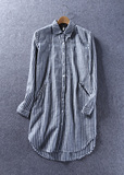 外贸原单 日本单 女装百搭条纹撞色单排扣纯棉中长款休闲衬衫