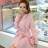 韩国2016春季新款长袖修身珍珠纽扣中长款腰带连衣裙外套粉色甜美