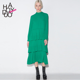 Haoduoyi2016夏新款 甜美清新纯色拼接百褶裙 系带休闲长袖连衣裙