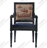 厂家直销法式实木餐椅美式布艺深蓝色帆船椅书房扶手铆钉沙发凳