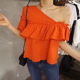 夏现货特卖。韩国正品女装代购漂亮荷叶边性感斜肩百搭衬衫特。