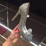 2015新款潮流银色灰姑娘同款水晶尖头高跟鞋细跟新娘婚鞋秋单鞋潮