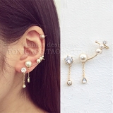 韩国代购925银珍珠水滴吊坠耳钉耳夹金色气质不对称耳环组合女