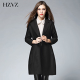 HZVZ2016春新品女装简约修身显瘦黑色百搭休闲中长款风衣英伦外套