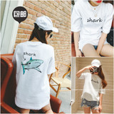 韩国宽松学院风修身宽松鲨鱼图案印花短袖T恤女中长款百搭打底衫