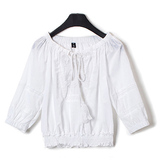 依心曲甜美波西米亚镂空刺绣中袖超短款露脐装上衣白色纯棉衬衫