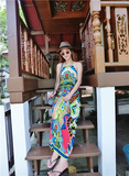 MOKA LIN海岛度假泰国民族风撞色艳丽吊带露背拖地长连衣裙沙滩裙