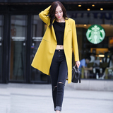 15秋新款韩版宽松黄色欧美风衣版中长款休闲薄毛呢限量女上衣外套