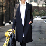 韩国2015春装新款女装韩版中长款休闲显瘦气质黑色小西装领外套