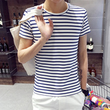 风森夏季韩版男士圆领条纹短袖T恤青少年日系打底衫学生上衣服潮