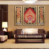 东南亚泰式风格金箔画手绘油画客厅无框画酒店装饰画三联画组合