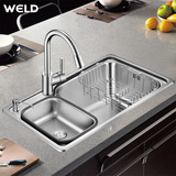 威尔登水槽 超大单槽 304不锈钢厨房洗菜盆洗碗池左小右大80*45cm