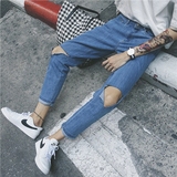 B|张艺兴同款大破洞韩版夏季九分牛仔裤 时尚流行高品质舒适男裤