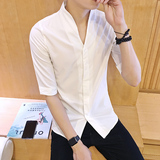 夏季韩版修身七分袖衬衫男士青少年休闲白色亚麻衬衣潮流男装V领